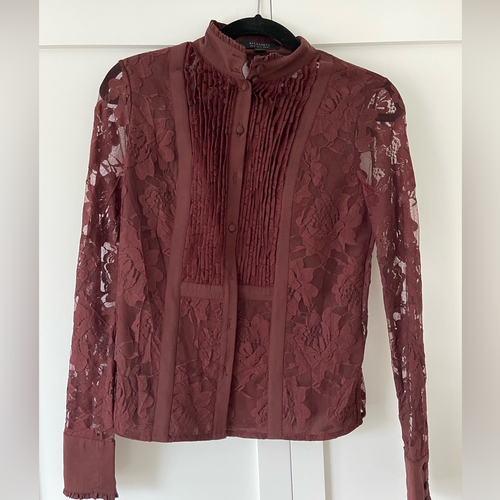 all saints burgundy lace tuxedo blouse